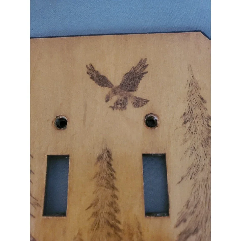 Vintage Eagle In Forest Wood Burned 2 Slot Light Switch Cover Cabin Decor MCM